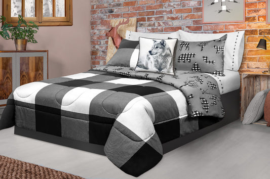 Comforter 3 Piece Set Double/Queen Printed Buffalo Plaid White/Black - DecoElegance - Bedding Comforter Set