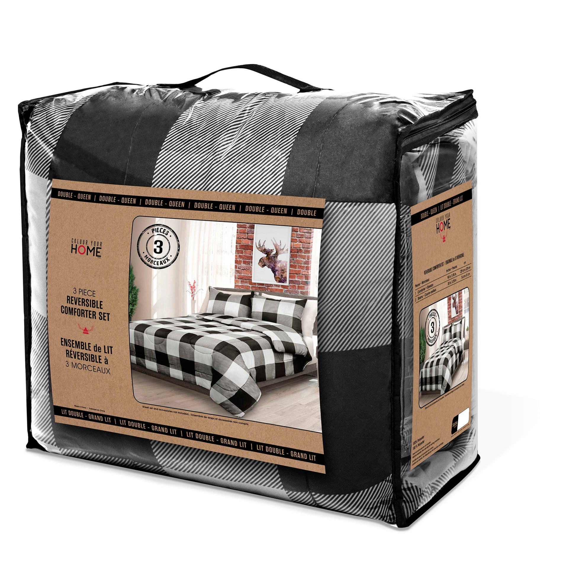 Comforter Bedding Set 3 Piece Buffalo Plaid White/Black, King - DecoElegance - Bedding Comforter Set