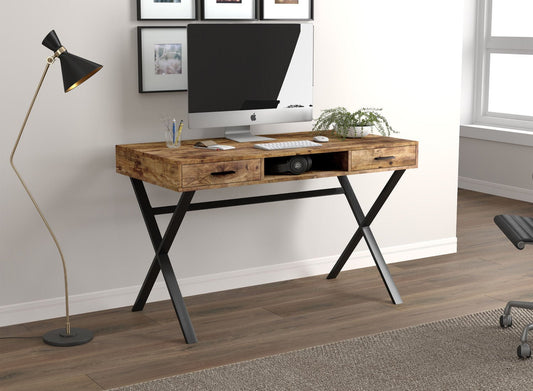 Computer Gaming Desk Brown Reclaimed Wood 2 Drawers 1 Shelf Black Metal - DecoElegance - Desk