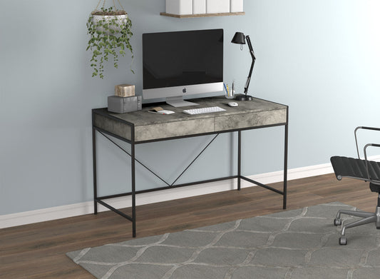 Computer Gaming Desk Grey Cement 2 Drawers Black Metal - DecoElegance - Desk