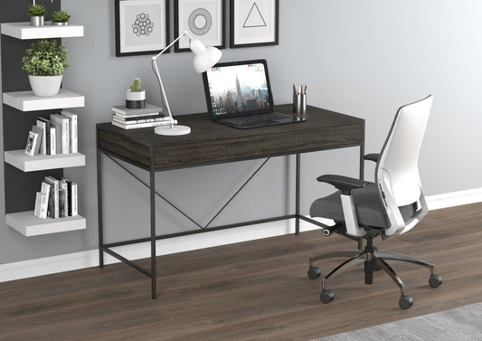 Computer Gaming Desk Grey Wood 2 Drawers Black Metal - DecoElegance - Desk