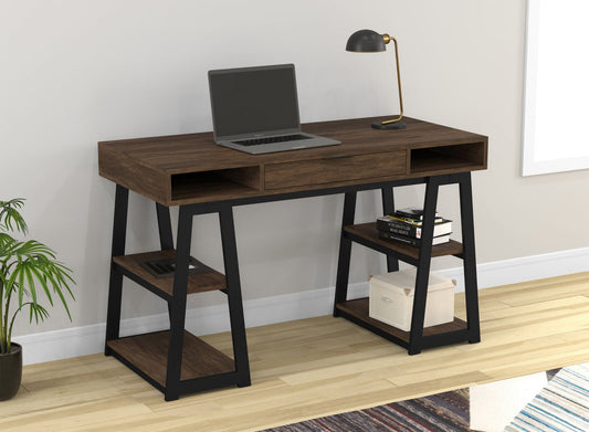 Computer Gaming Desk Walnut 1 Drawer 6 Shelves Black Metal - DecoElegance - Desk
