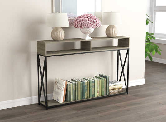 Console Sofa Table Dark Taupe 2 Open Shelves Black Metal Frame - DecoElegance - Sofa Console Table