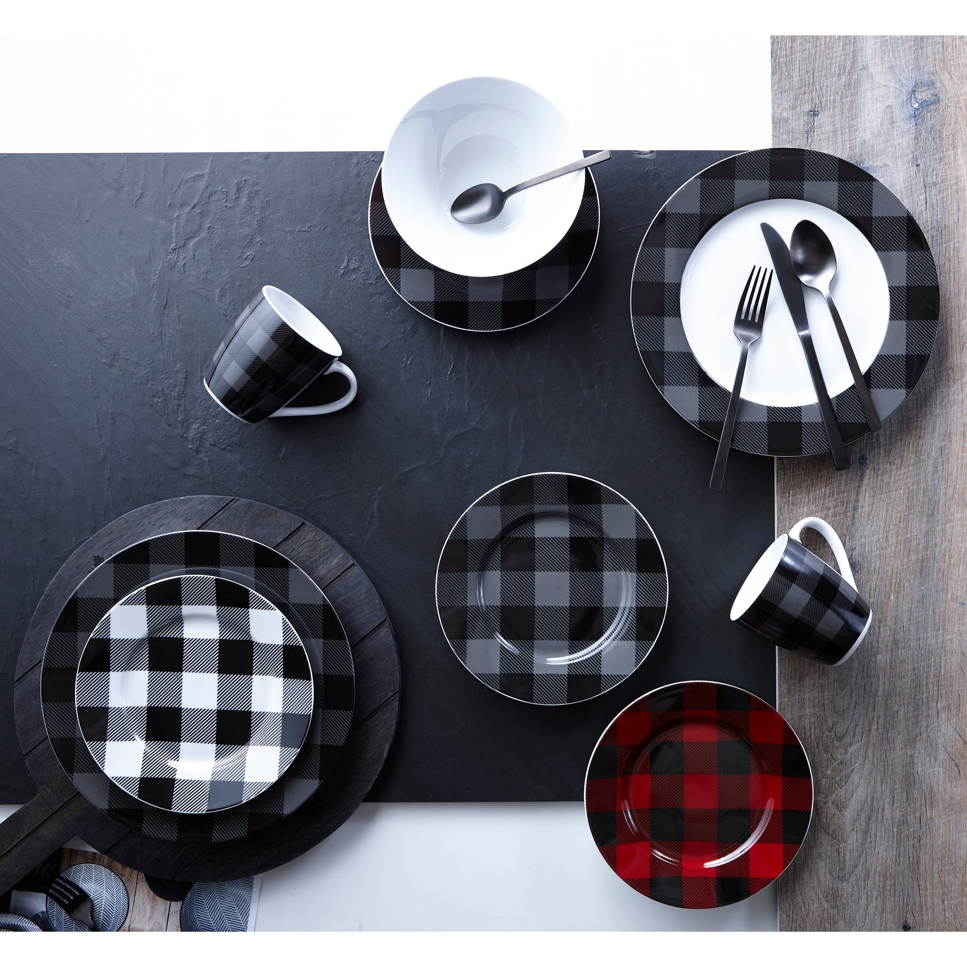 Dinnerware Set 16 Piece Buffalo Plaid Grey/Black, Service for 4 - DecoElegance - Dinnerware Set