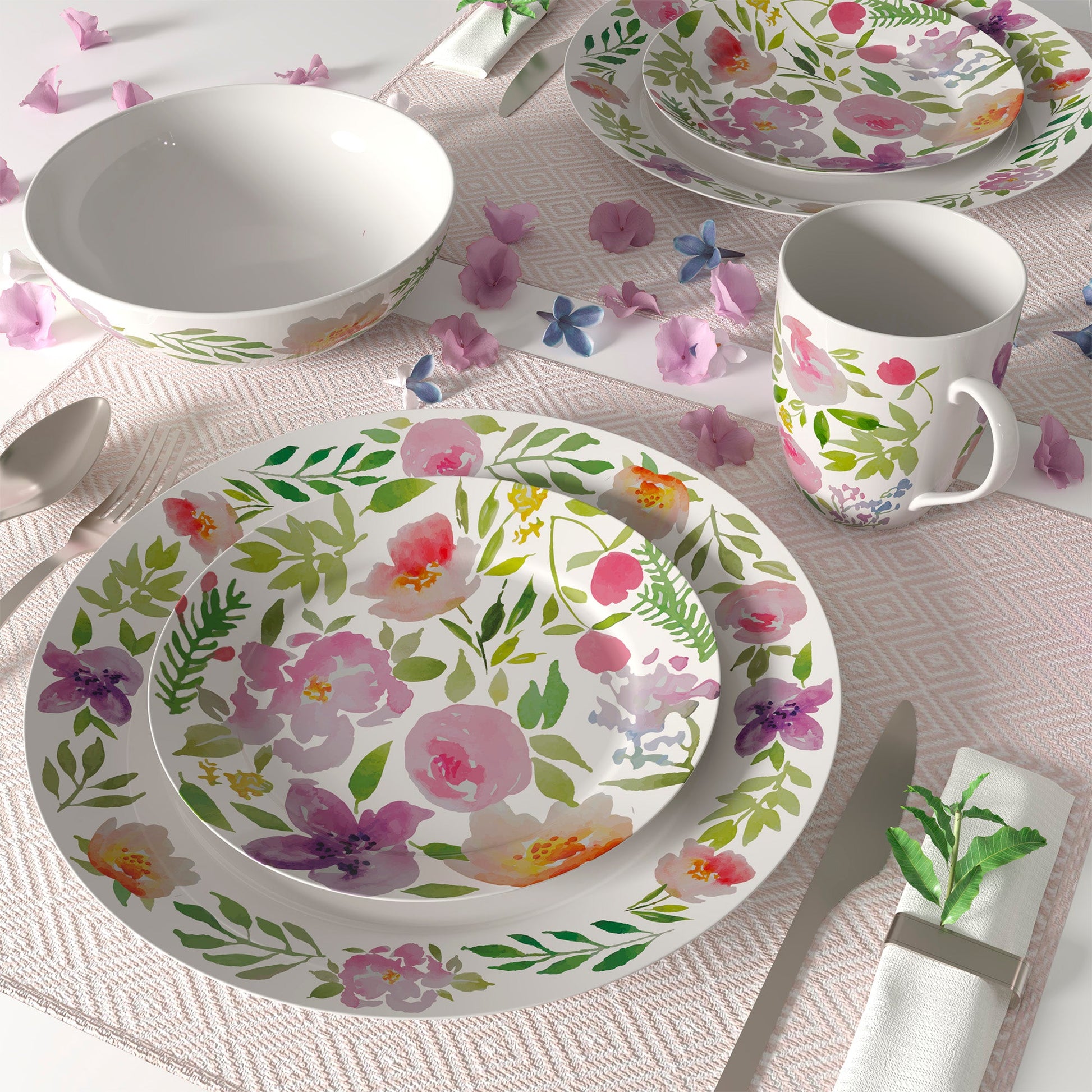 Dinnerware Set 16 Piece Pink Watercolour, Service for 4 - DecoElegance - Dinnerware Set
