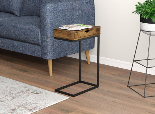 End Accent Table C-Shaped Brown Reclaimed Wood 1 Drawer Black Metal - DecoElegance - End Accent Table