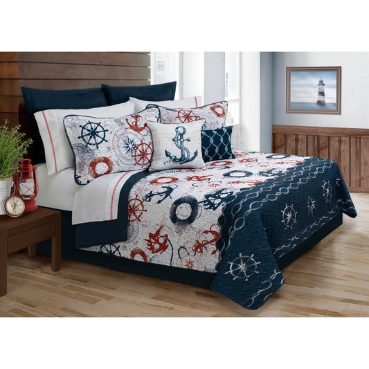 Quilt Bedding Set 5 Piece Woven Microfiber Bay Harbour Double/Queen Navy - DecoElegance - Bedding Quilt Set