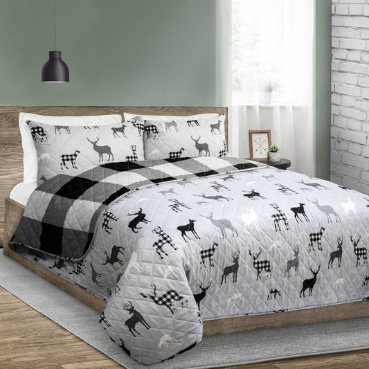 Reversible Printed Quilt Bedding Set 3 Piece Double/Queen 90X90 Grey Deer Rustic Cabin - DecoElegance - Bedding Quilt Set