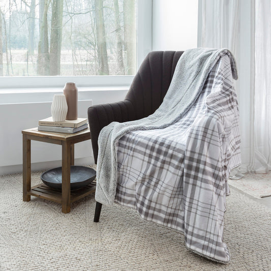 Super Soft Faux Fur Reversible Blanket Throw Sherpa Home Decor Bedding 48X60 Grey Plaid - DecoElegance - Blanket Throw Home Bedding