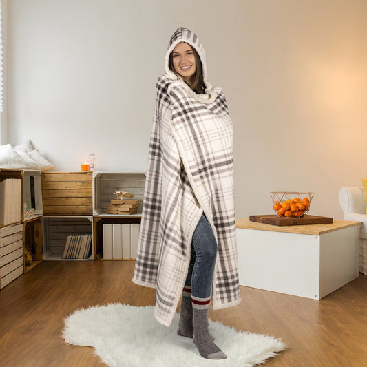 Super Soft Hooded Sherpa Blanket Throw Home Decor Bedding 48X65 Grey Plaid - DecoElegance - Blanket Throw Home Bedding