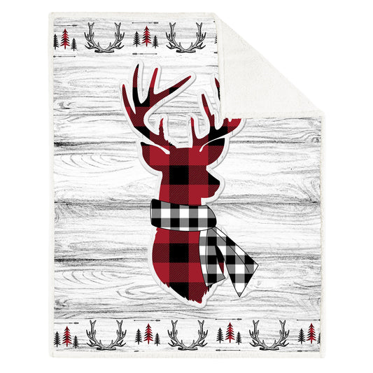 Super Soft Printed Reversible Blanket Throw Sherpa Home Decor Bedding 48X60 Buffalo Plaid Deer Shield - DecoElegance - Blanket Throw Home Bedding