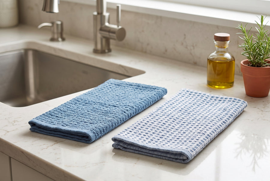 Ensemble de 2 linges à vaisselle en ratine de coton denim, un texturé, un à carreaux