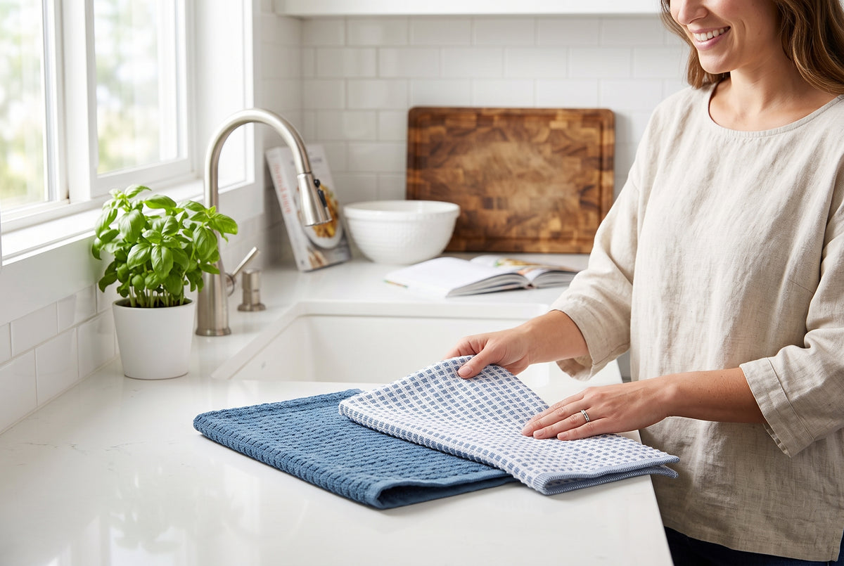 Linges à vaisselle denim, 41 x 61 cm, en situation dans une cuisine – vue 2