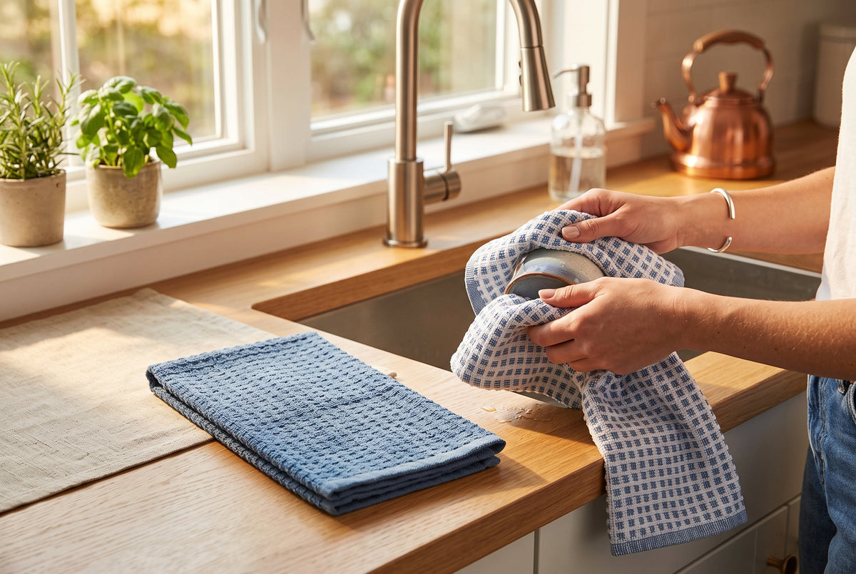 Linges à vaisselle denim, 41 x 61 cm, en situation dans une cuisine – vue 4
