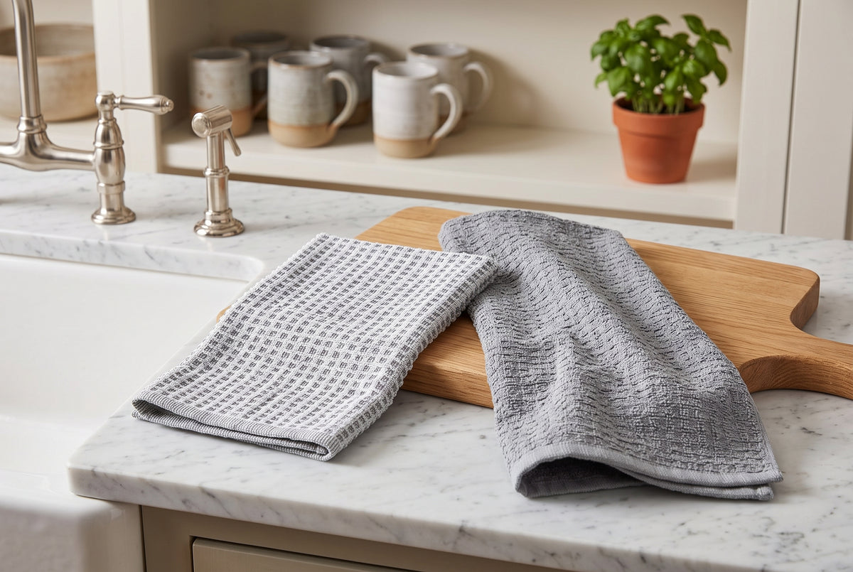 Ensemble de 2 linges à vaisselle en ratine de coton gris, un texturé, un à carreaux