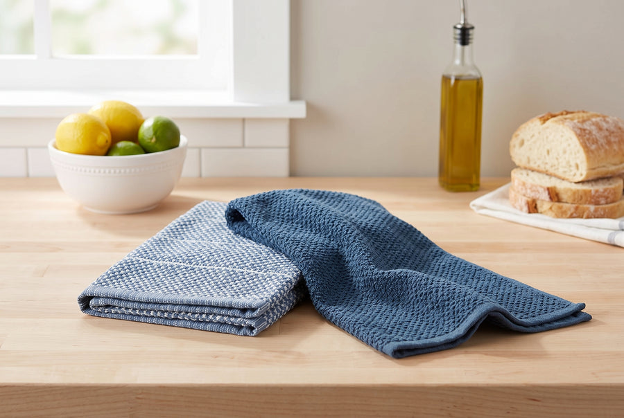 Ensemble de 2 linges à vaisselle en ratine de coton denim, un texturé, un à rayures tissées