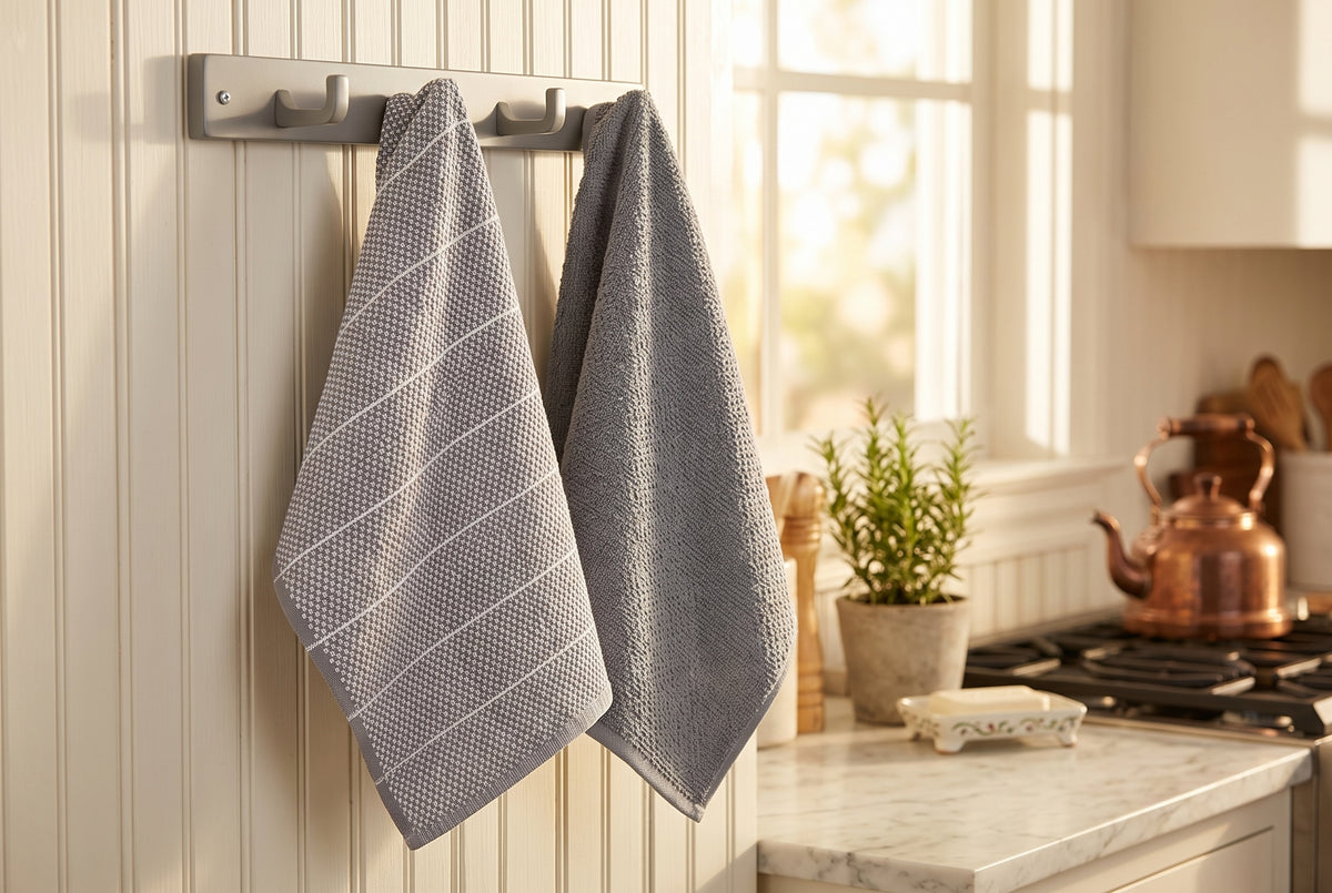 Ensemble de 2 linges à vaisselle en ratine de coton gris, un texturé, un à rayures tissées
