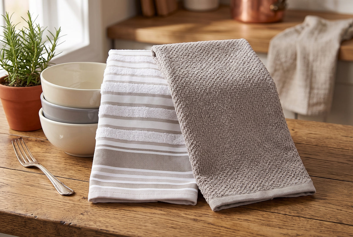 Ensemble de 2 linges à vaisselle en ratine de coton taupe, un uni, un rayé