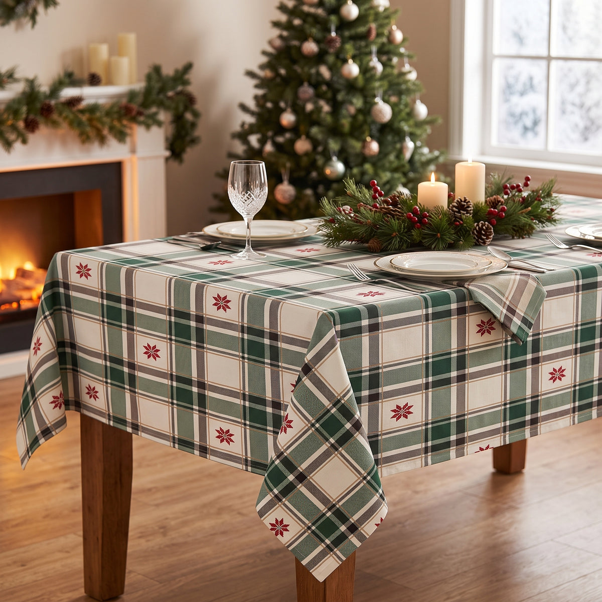 Green and cream plaid Christmas tablecloth with gold foil accents