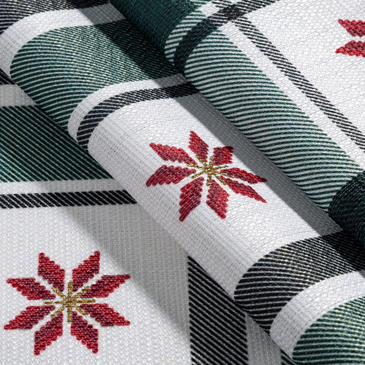 Green and cream plaid Christmas tablecloth with gold foil accents