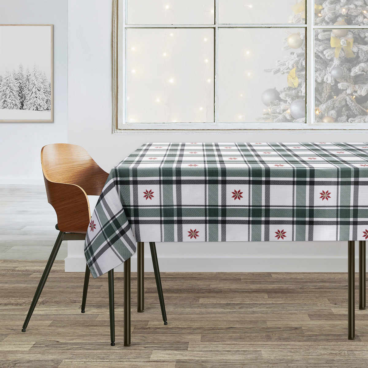 Green and cream plaid Christmas tablecloth with gold foil accents