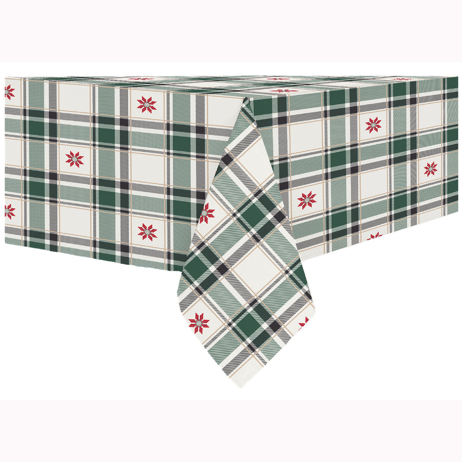 Green and cream plaid Christmas tablecloth with gold foil accents