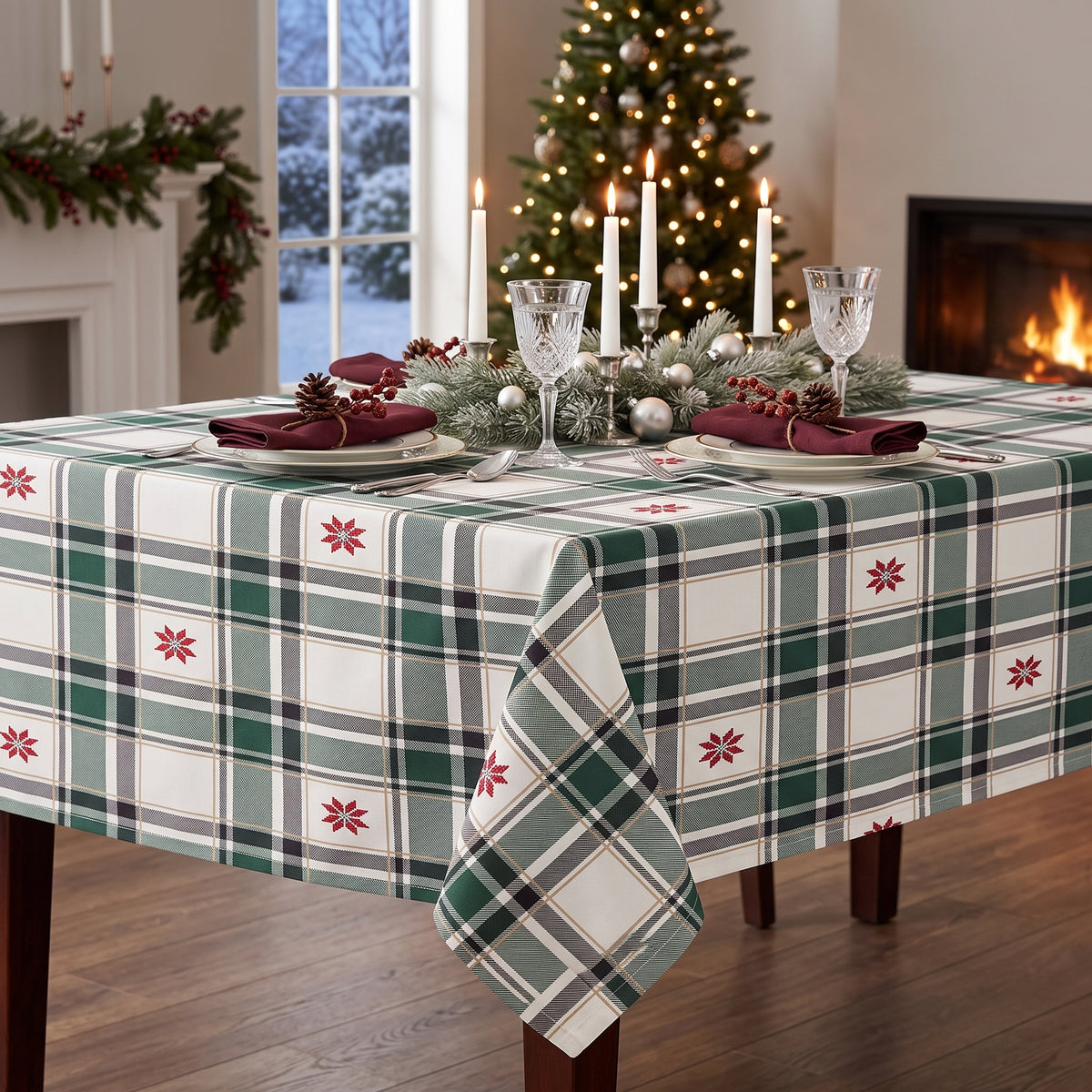 Green and cream plaid Christmas tablecloth with gold foil accents