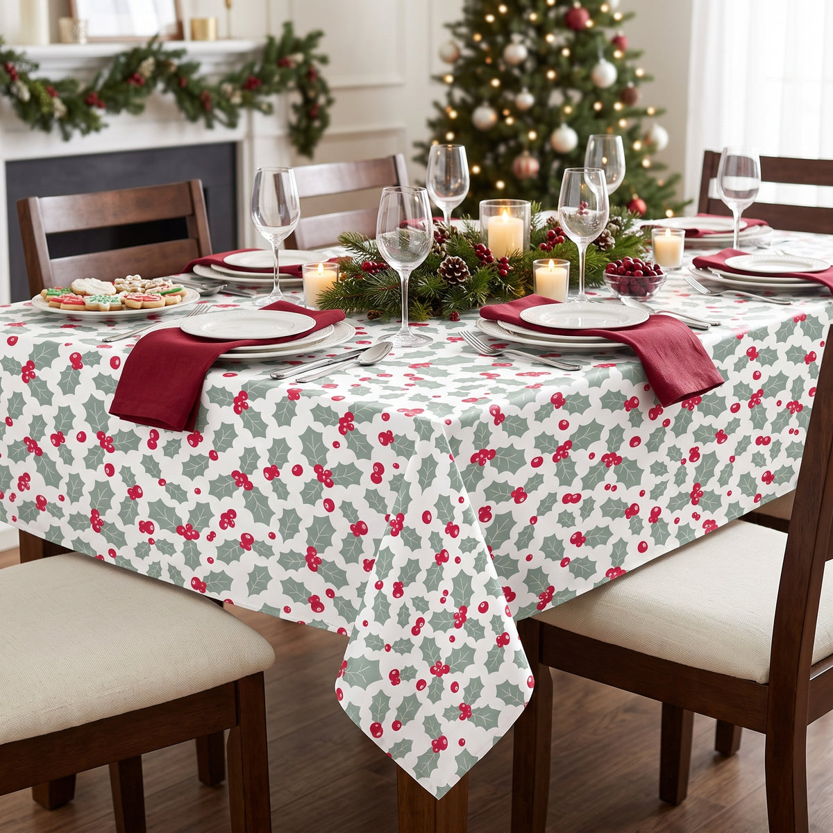 Holly on white PEVA Christmas tablecloth with flannel back
