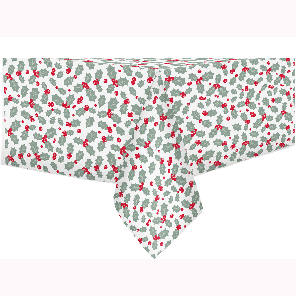 Holly on white PEVA Christmas tablecloth with flannel back