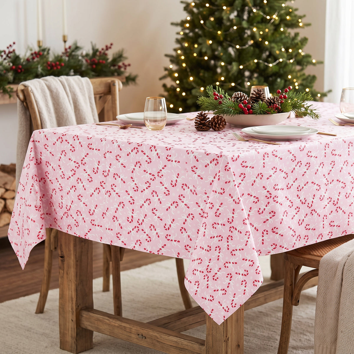 Candy cane PEVA Christmas tablecloth with flannel back