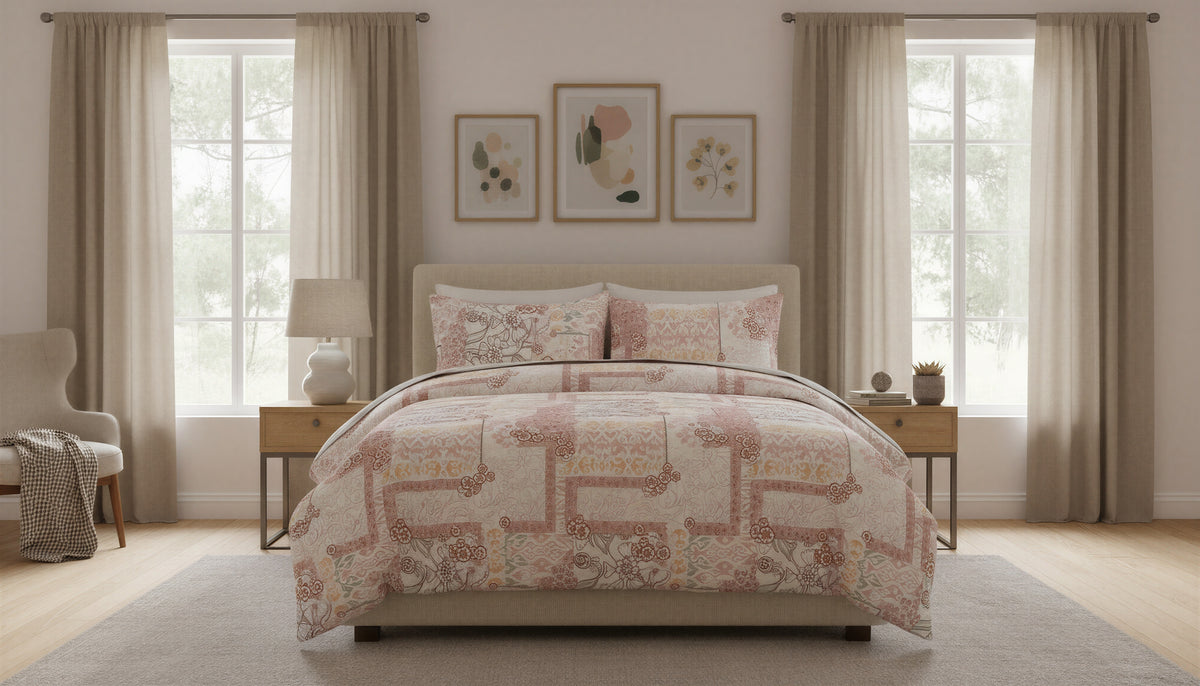 Ensemble de douillette Double/Queen Camille rose fleuri réversible dans une chambre au décor neutre