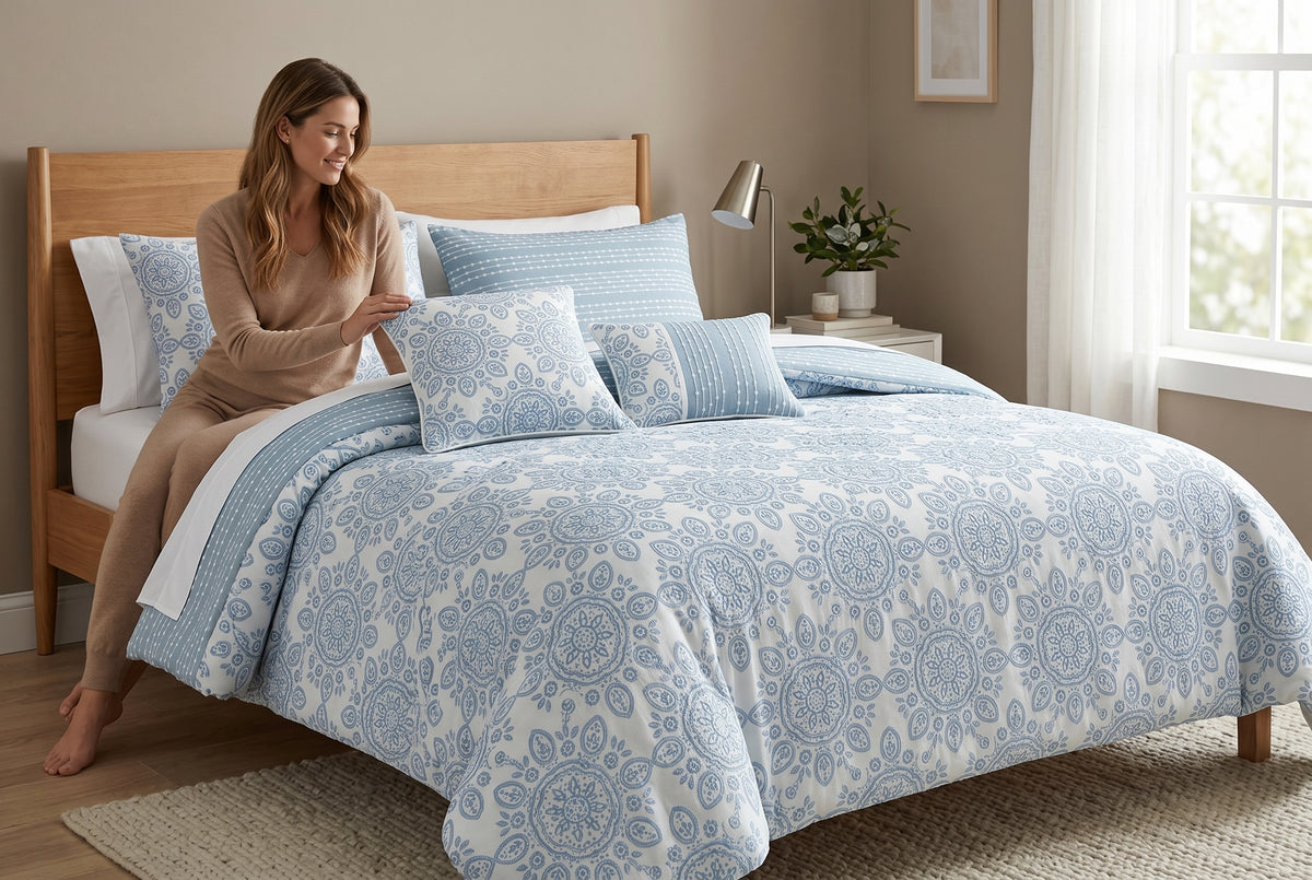 Ensemble de douillette Isabelle en jacquard bleu dans une chambre
