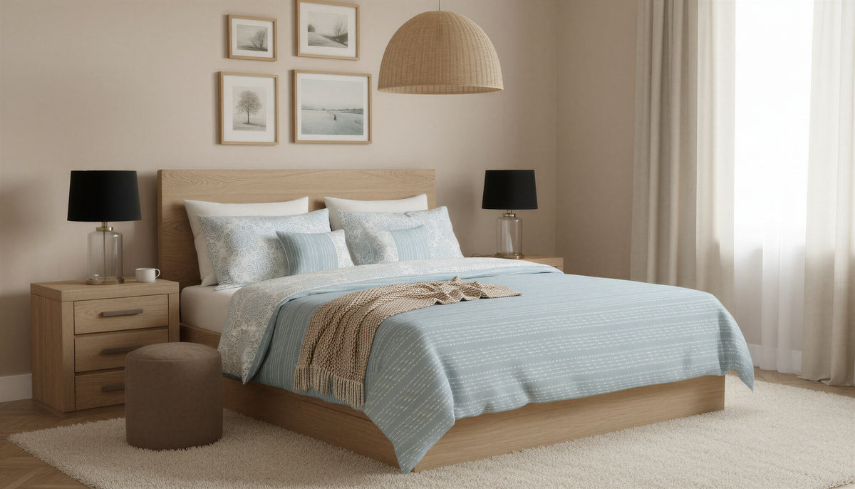 Ensemble Isabelle à médaillons bleus et blancs sur un lit en bois