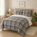 Hamilton grey and tan plaid sherpa comforter, 2 piece, twin, on a made bed