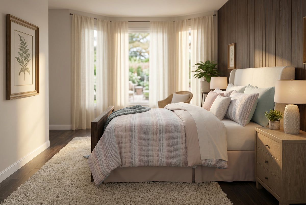 Ensemble de douillette Chelsea à rayures ivoire, gris et rose poudré dans une chambre lumineuse