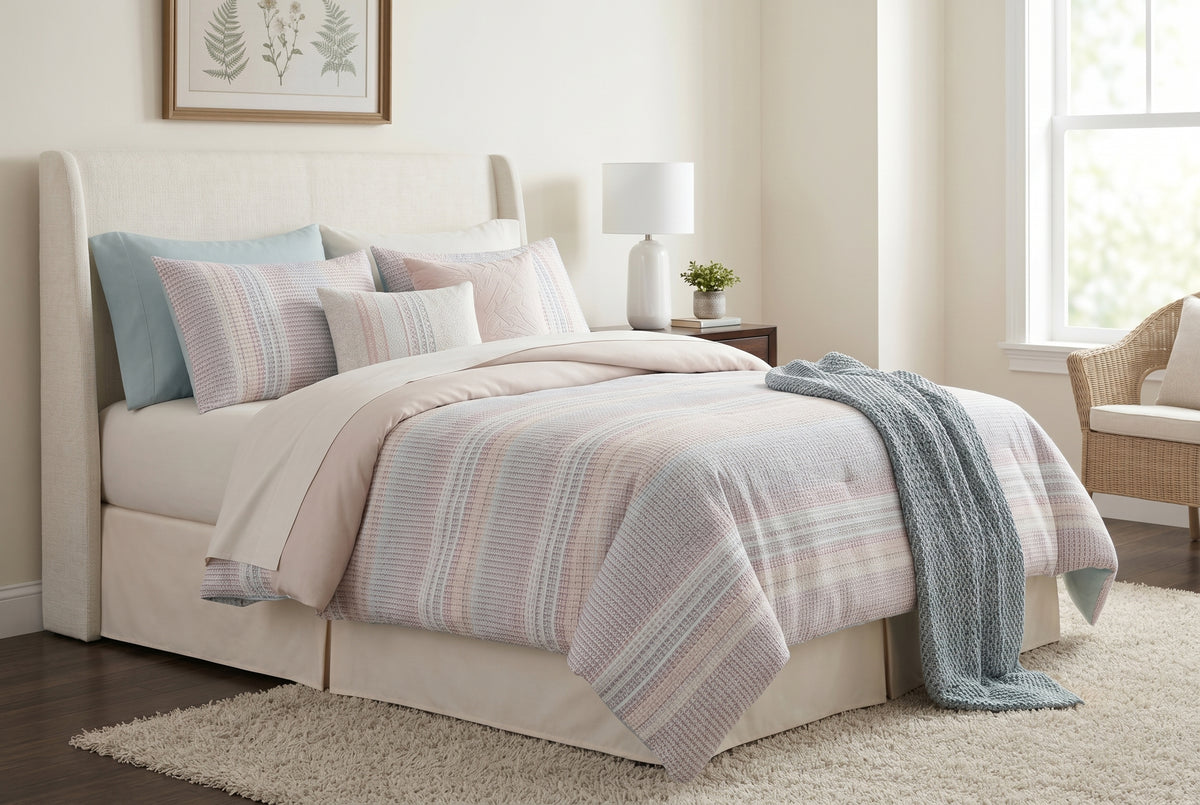 Chelsea ivory striped 7-piece king comforter set on a bed