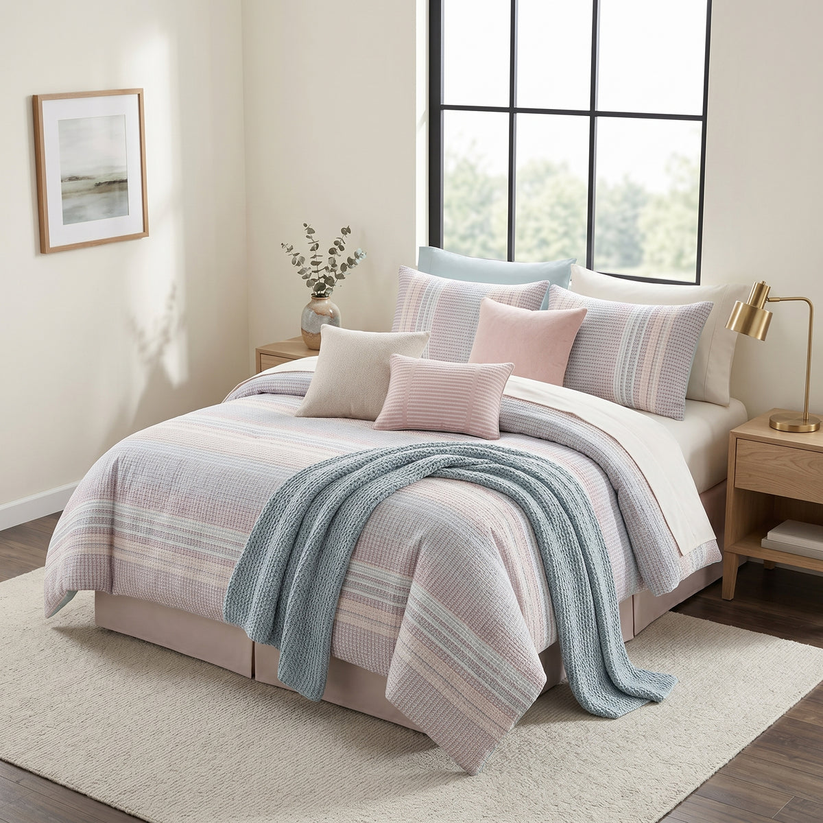 Chelsea ivory striped comforter set with coordinated cushions