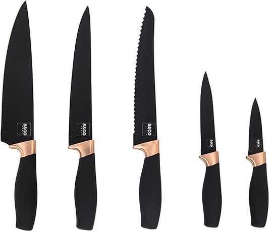 6 Pcs Kitchen Knife Set with Acrylic Block - Super-Sharp Steel Knives with Non-Stick Coating - Chef, Bread, Carving, Utility, Paring Knives - Stylish Cooking Tools with Black, Rose Gold Handle