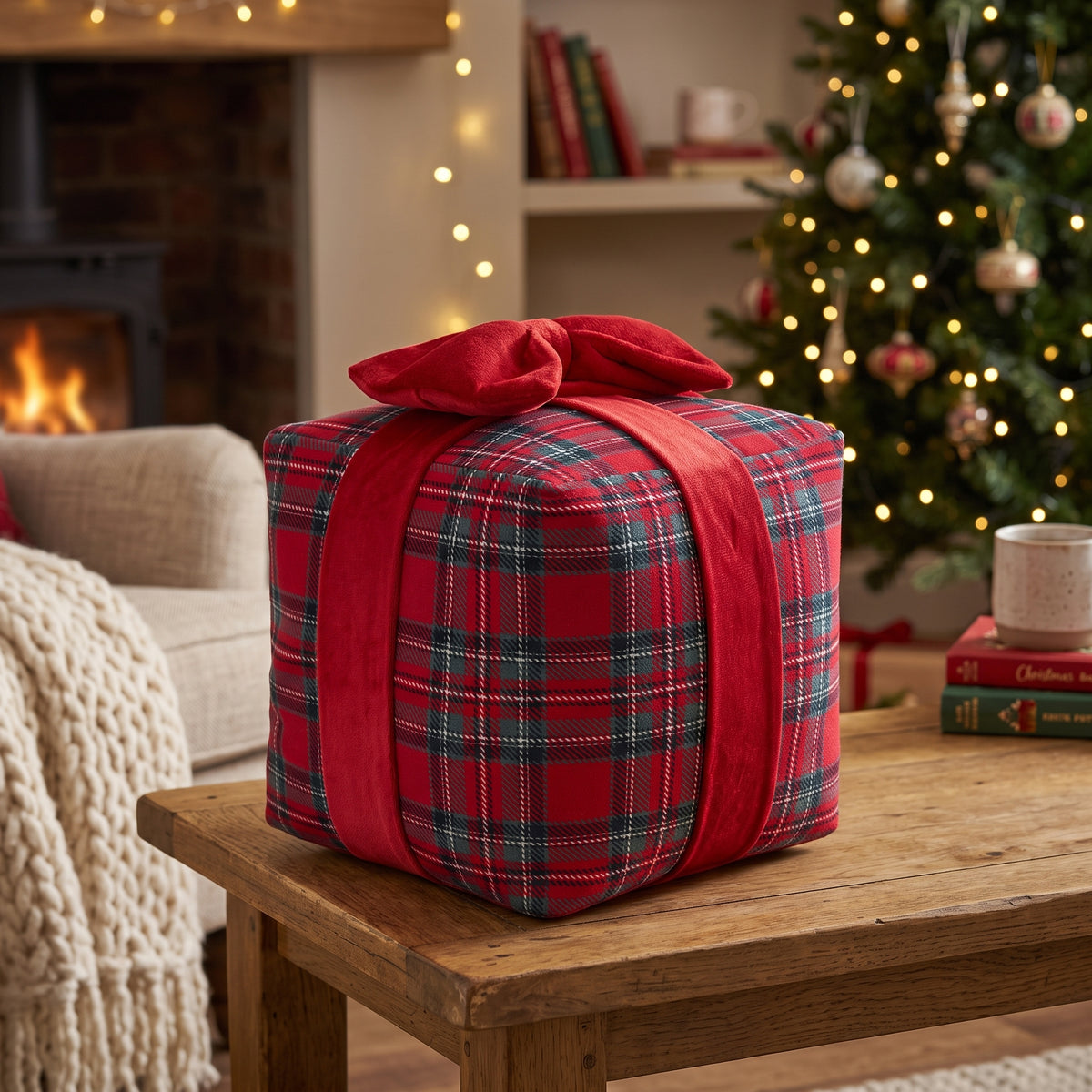 Coussin de Noël 3D boîte-cadeau en tartan rouge avec boucle