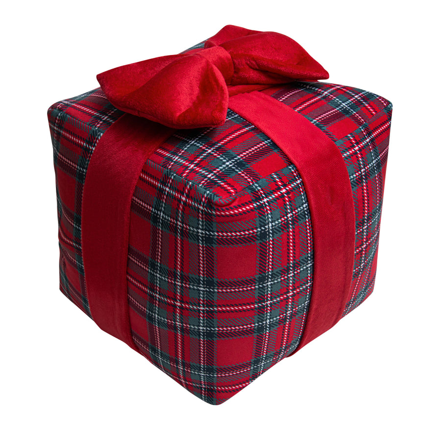 Red tartan 3D gift box Christmas pillow with bow