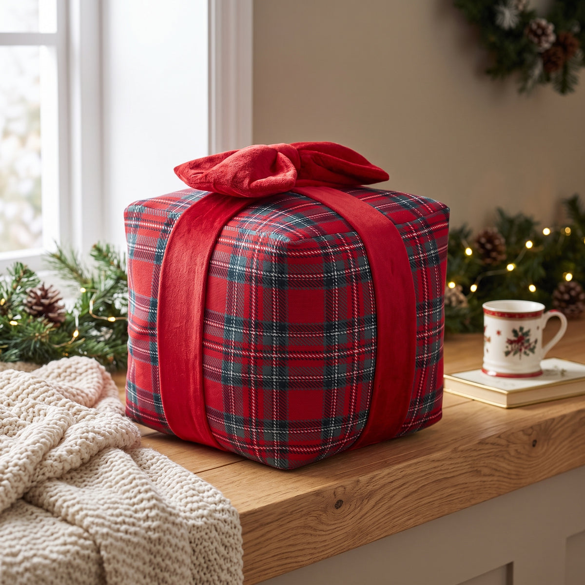 Coussin de Noël 3D boîte-cadeau en tartan rouge avec boucle