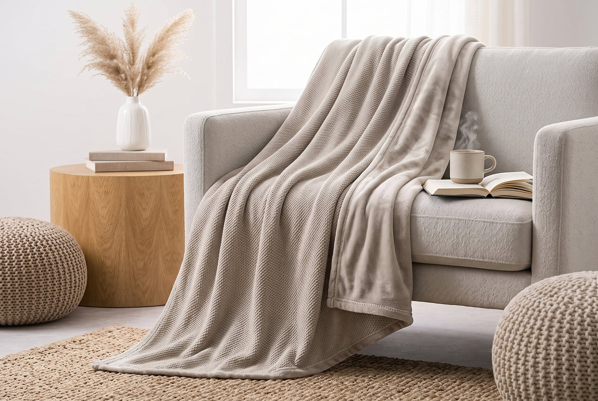Flannel Blanket, 60 x 80 in, Super Soft, Taupe, styled on a sofa or bed