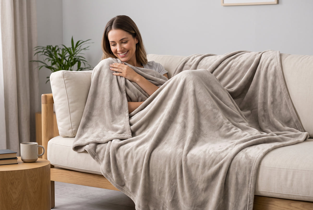 Flannel Blanket in Taupe, lifestyle