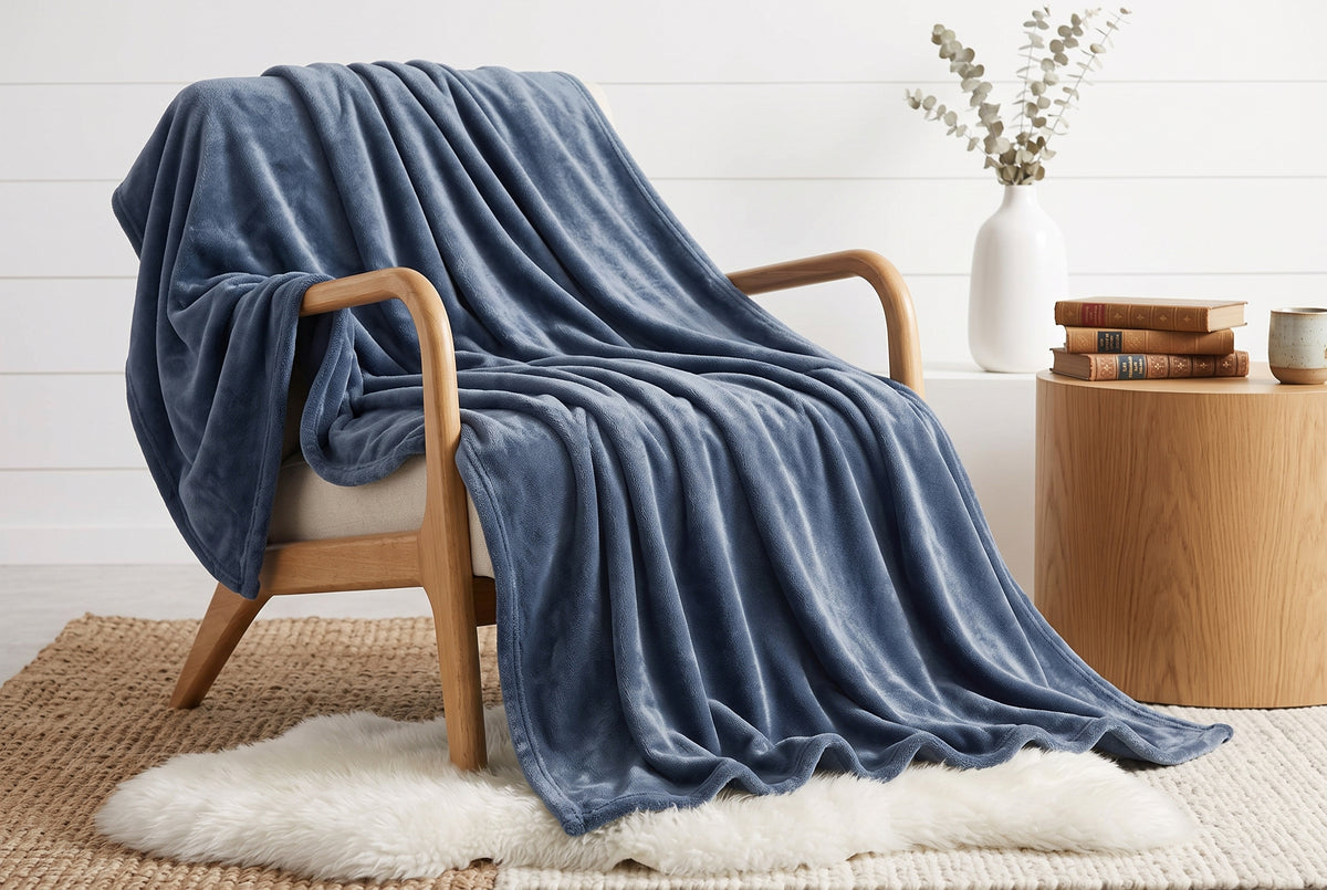 Flannel Blanket, 60 x 80 in, Super Soft, Drizzle Blue, styled on a sofa or bed