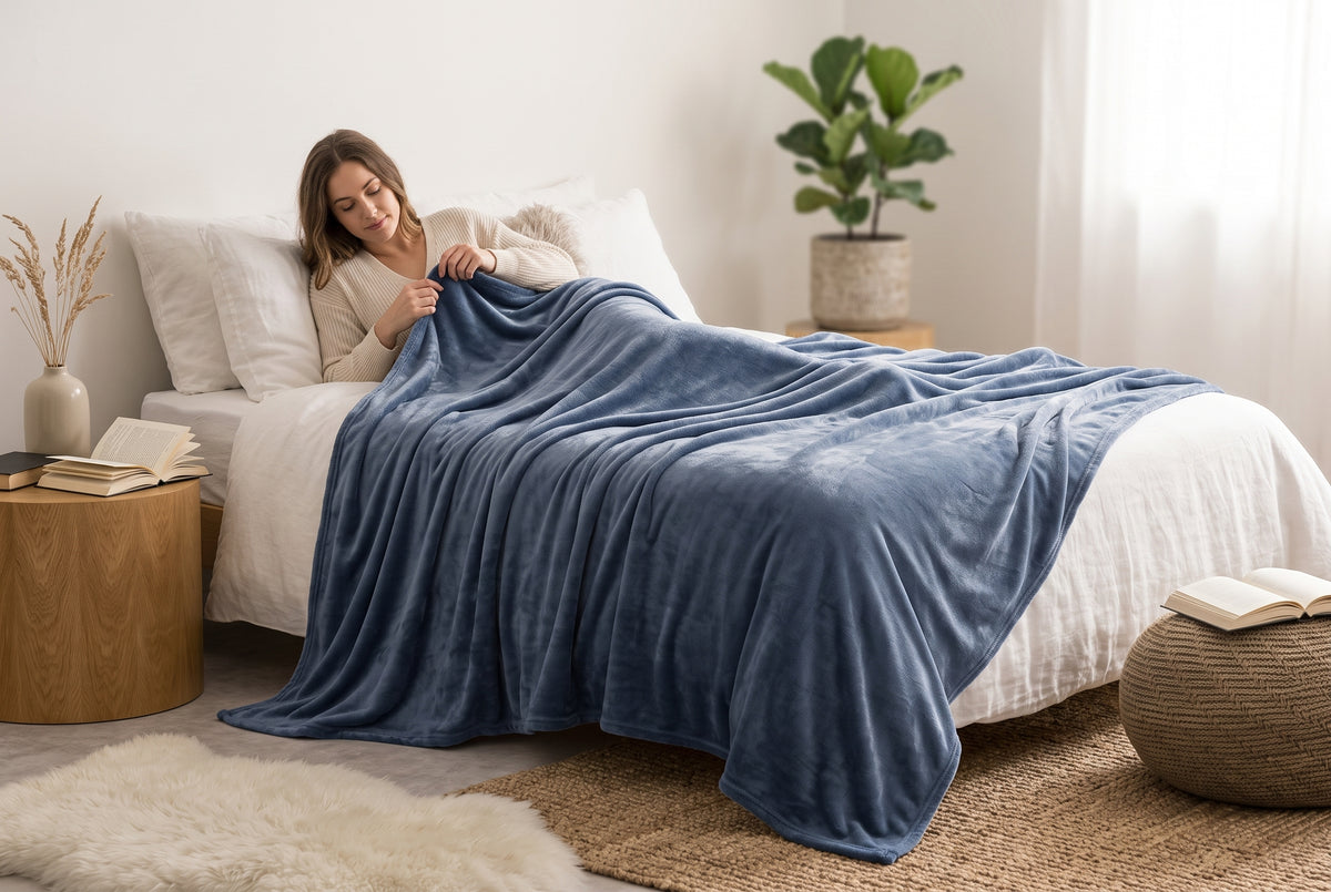 Flannel Blanket in Drizzle Blue, lifestyle