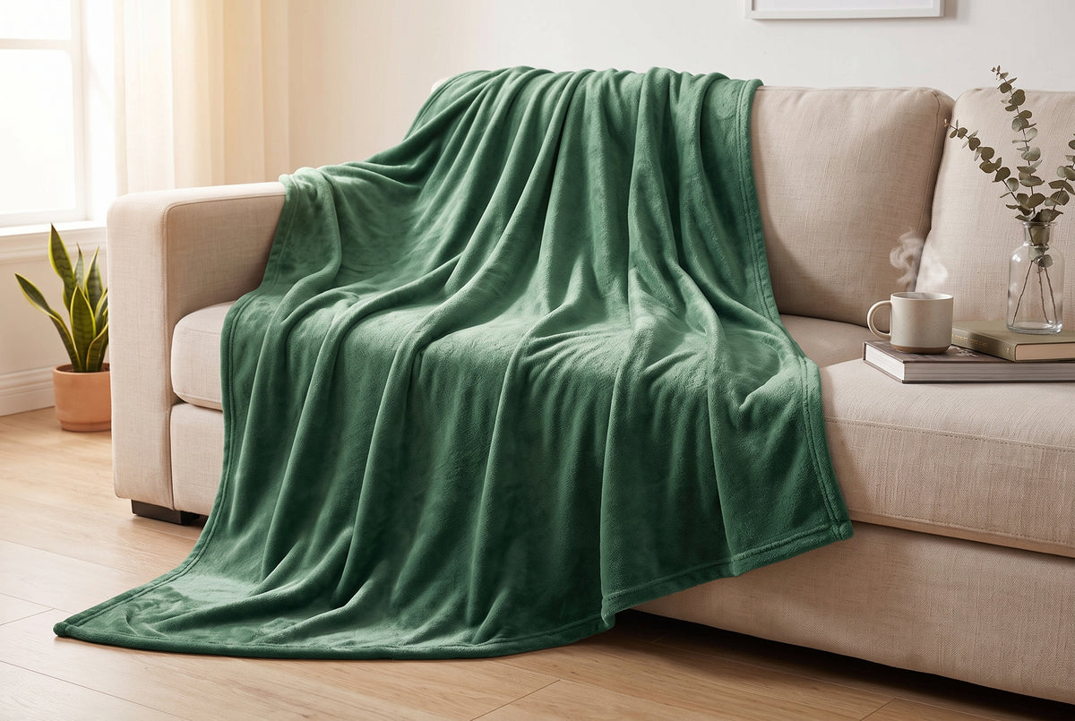 Couverture en flanelle très douce, 60 x 80 po, vert laurier, mise en situation