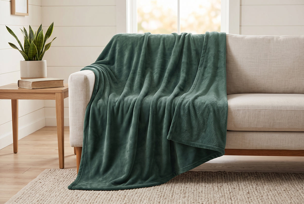 Couverture en flanelle très douce, vert laurier, dans un décor