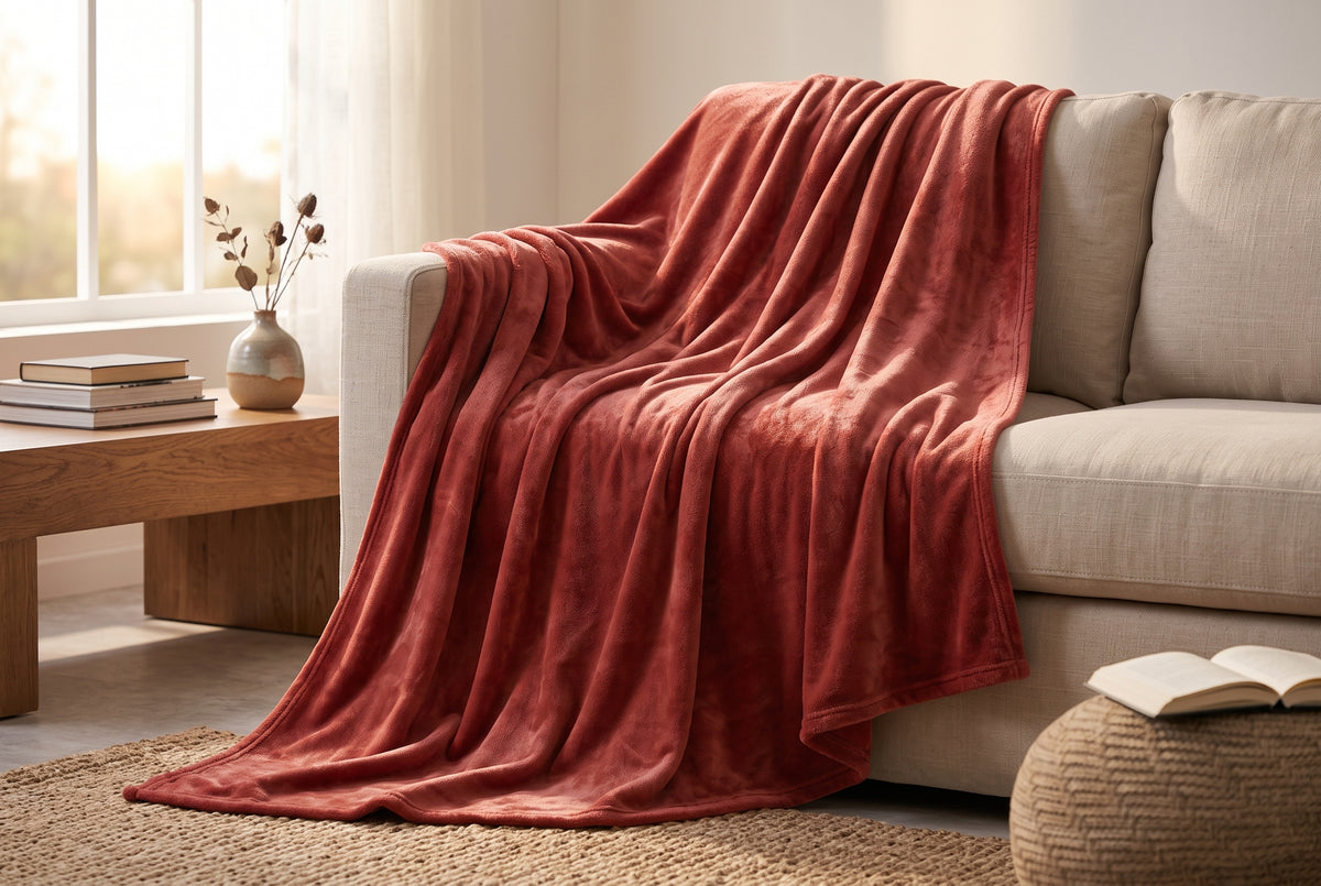 Couverture en flanelle très douce, rouge brique, dans un décor
