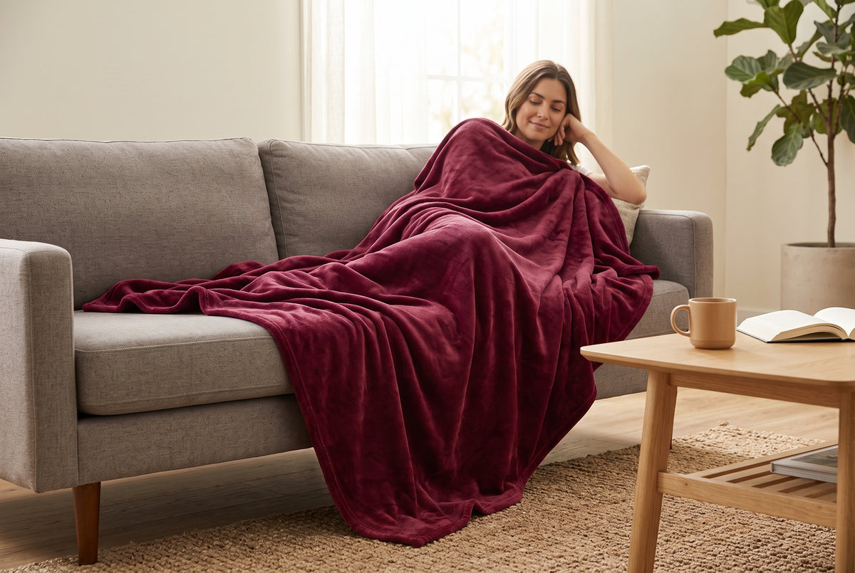 Couverture en flanelle très douce, rouge merlot, dans un décor