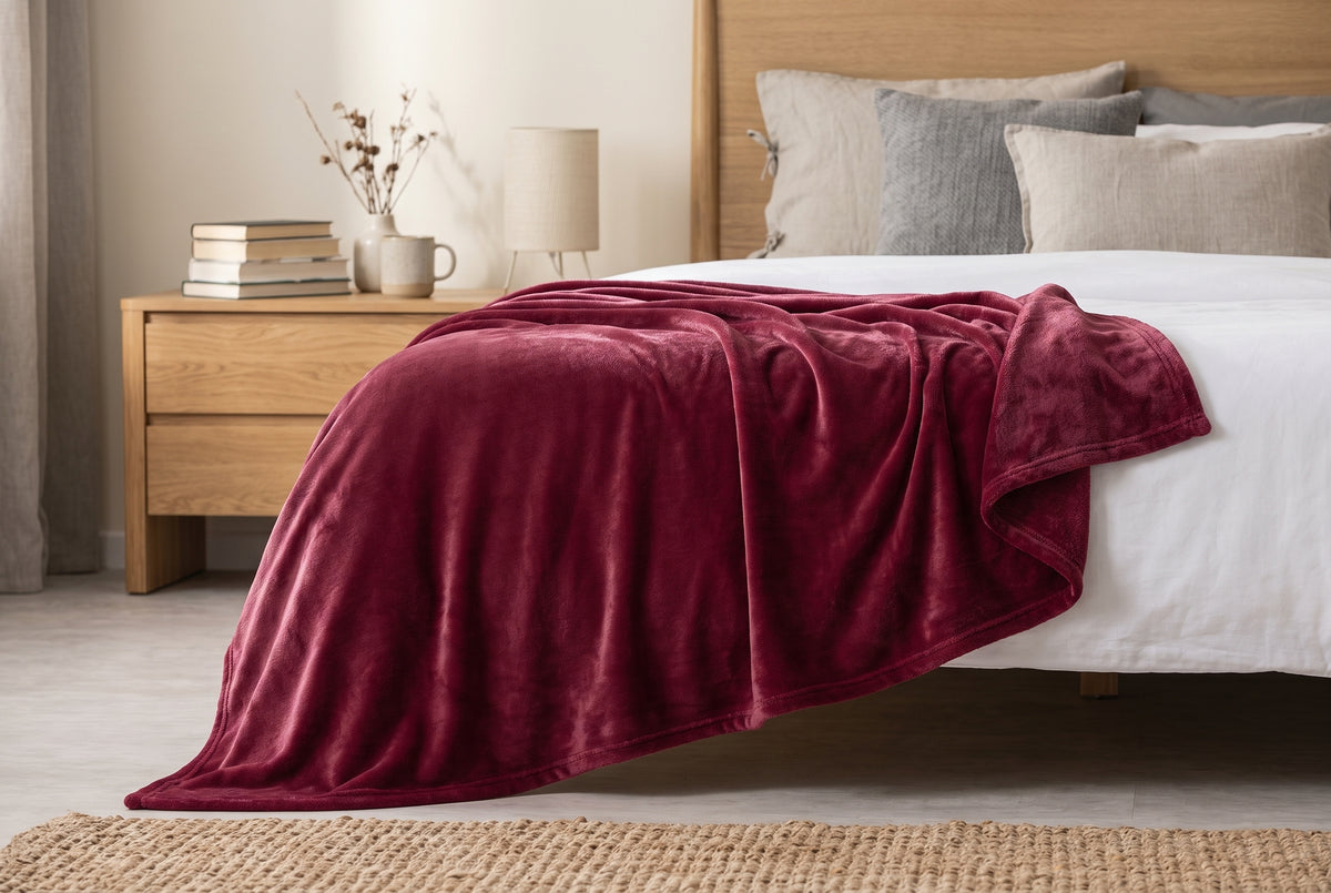 Couverture en flanelle très douce, rouge merlot, dans un décor